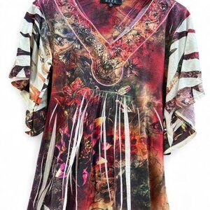 3/$15 Cute Y2K Multicolored baby doll beaded blouse tie on back 00s